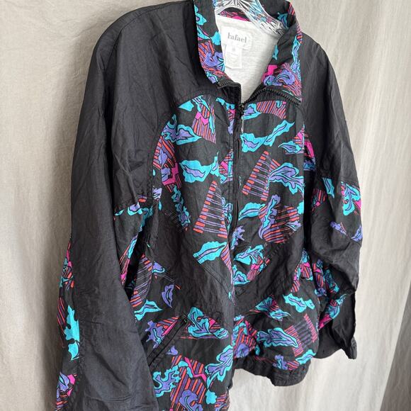 Vintage‎ Rafael Windbreaker Jacket Black Multi Abstract Print Rave Y2K Sz Medium - Picture 4 of 12